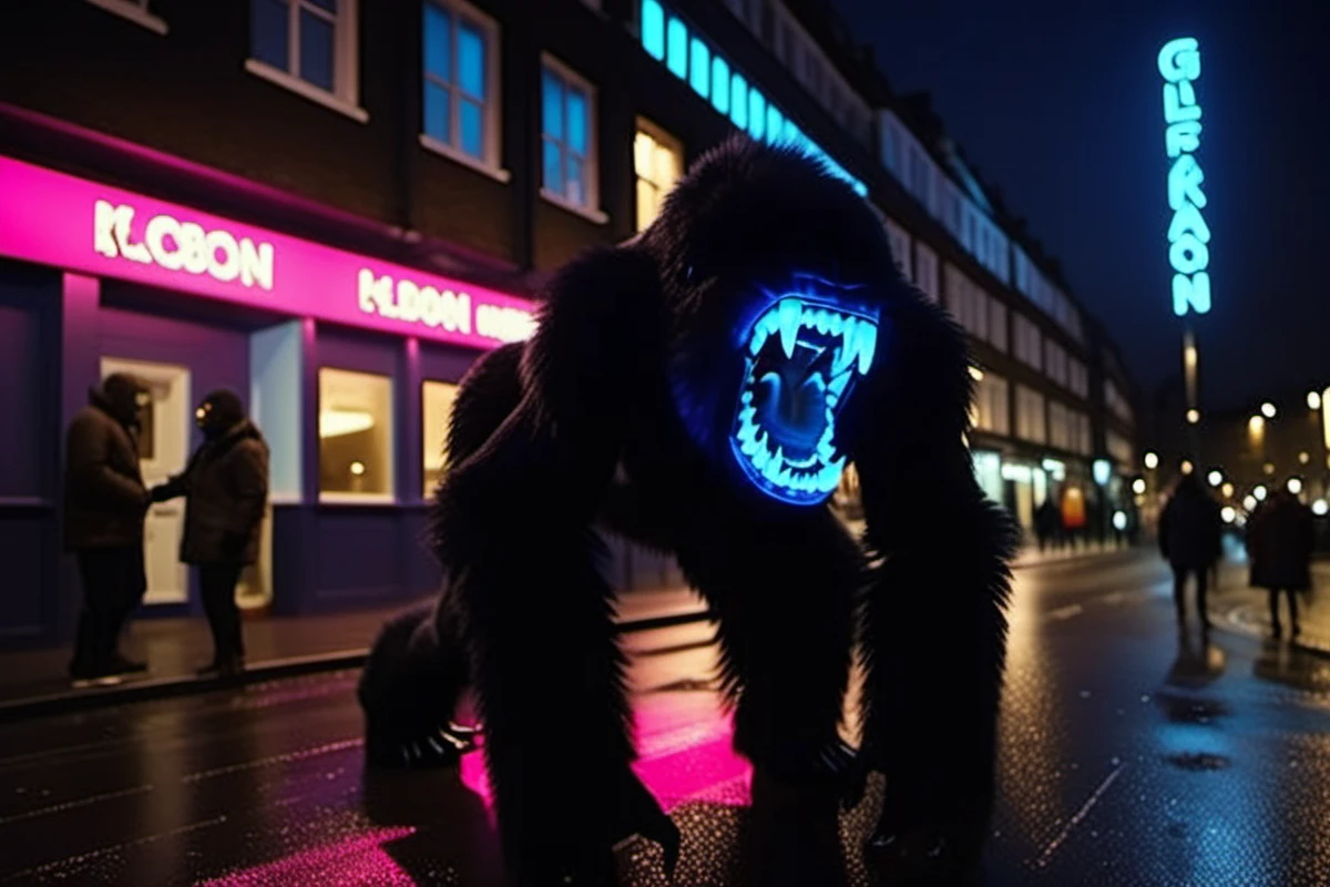 (Highest Quality, 4k, masterpiece, Amazing Details:1.1), <lora:puro-v1:1>, portrait of anthro ((puro)), wolf ears, wolf tail, black body, black sclera, white eyes, white mask, skull mask, standing, tokyo, akihabara, street, neon lights,  (solo), looking at viewer, nighttime, cinematic lighting, ((detailed fur texture)), (highly detailed, realistic proportions, high detailed, 4k hdr), hyper realistic, ((photorealistic)), ((full body)),  Shallow Depth of Field, E671, lens 50mm f/2.0,