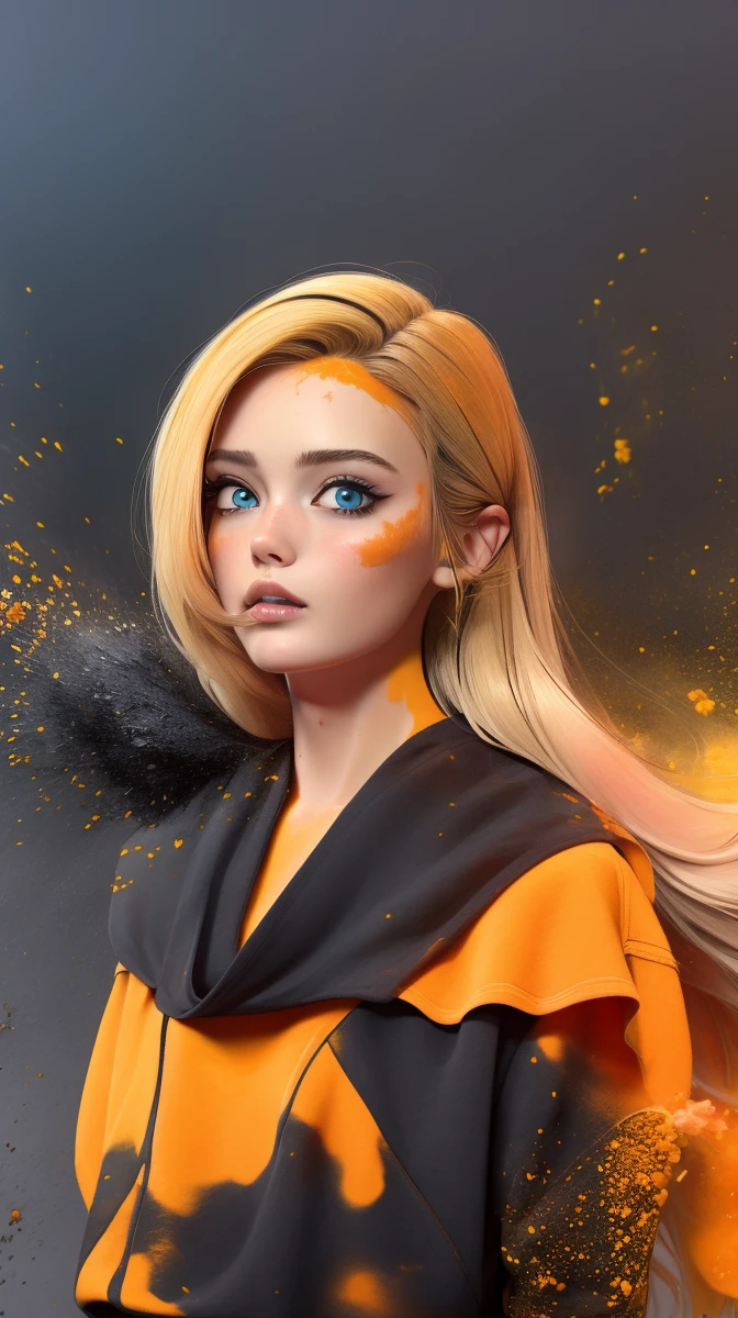 <lora:Sexy-German:1> blonde long hair, blue eyes, black powder, orange powder and yellow powder splashes on background, high quality photography, <lora:powder_v1.0:1> CS-OBG