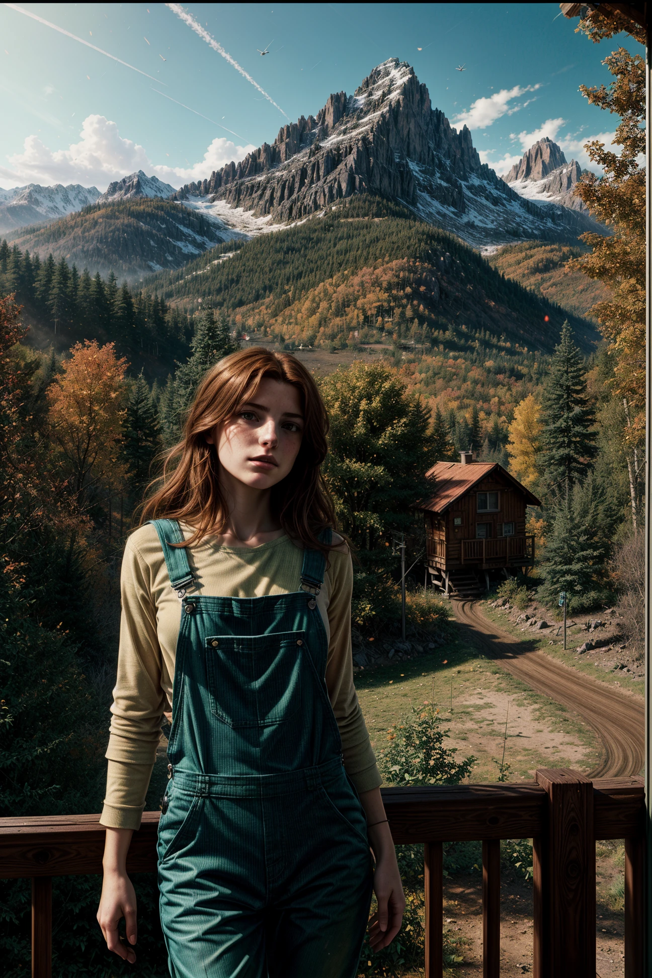 H4nn4hSt3in, close up portrait, a woman standing on a Poarch of a cabin in the mountain with her arms outstretched on a fence in front of a ski lift and a mountain in the background, outside, (wearing a green overalls:1.2), a t-shirt with long sleeve, sky lift in the background, detailed, hdr, epic background, line art, digital illustration, comic style, dynamic, highly detailed, artstation, concept art, smooth, sharp focus, illustration, Thomas Moran style, art by Carne Griffiths and Wadim Kashin, detailed background, 60-30-10 color rule, warm tones, godrays, unreal engine, greg rutkowski, loish, rhads, beeple, makoto shinkai and lois van baarle, ilya kuvshinov, rossdraws, tom bagshaw, alphonse mucha, global illumination, detailed and intricate environment <lora:more_details:1.0> <lyco:GoodHands-beta2:1.0>