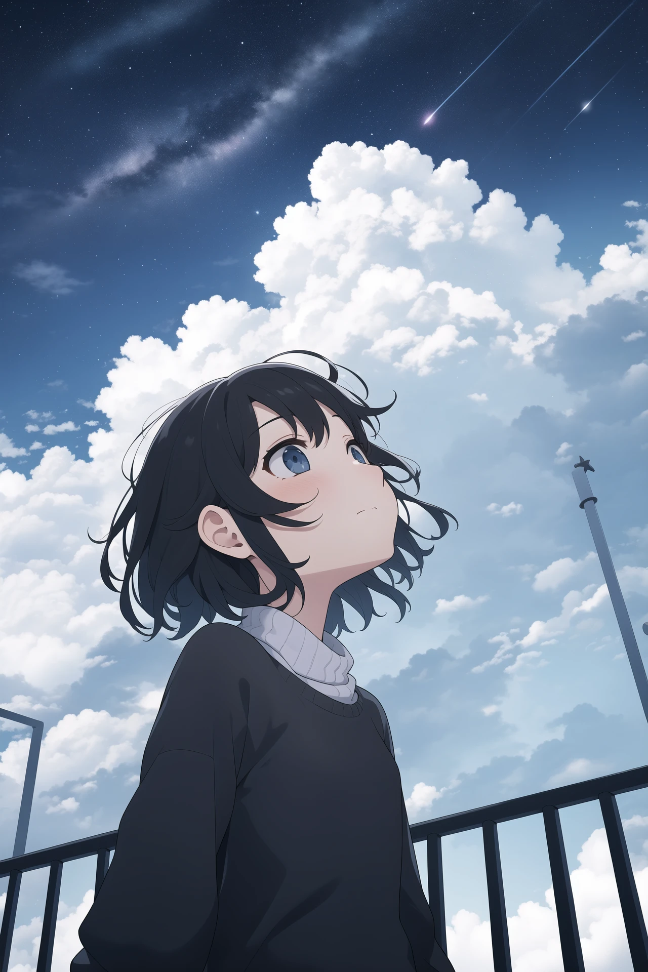 (looking up:1.4), 1girl, sky, solo, black hair, cloud, star (sky), night, railing, sweater, outdoors, rooftop, starry sky, night sky, medium hair, letterboxed, star (symbol), long sleeves, closed mouth, looking afar, messy hair, cloudy sky,Looking Angle,Lean over the fence,(from below:1.3),Side face,the girl look at the sky