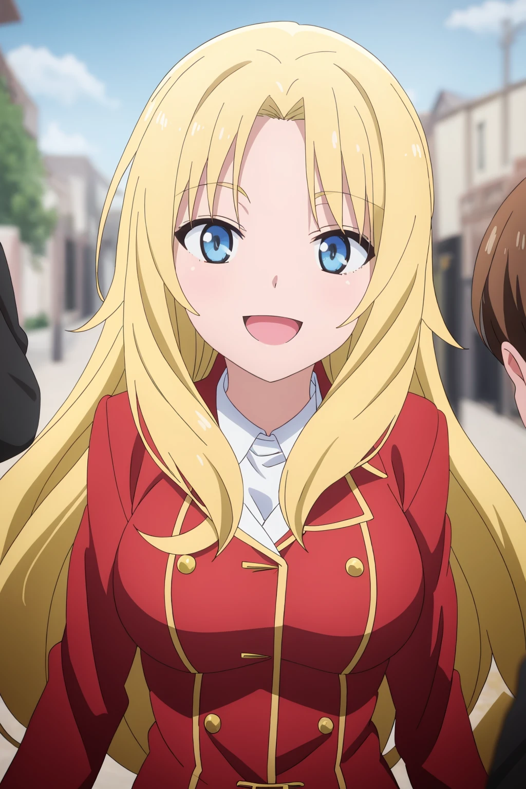 ((best quality)),((highly detailed)),masterpiece,absurdres,detailed face,beautiful face,(detailed eyes, deep eyes),1girl,((dynamic pose)) , <lora:Rita_V1.4:0.7>Rita, blonde hair, blue eyes, long hair, open mouth, smile, sky, looking at viewer, :d, solo focus, jacket, outdoors, upper body, blurry, solo, ahoge, out of frame, blurry background, bangs, long sleeves, depth of field