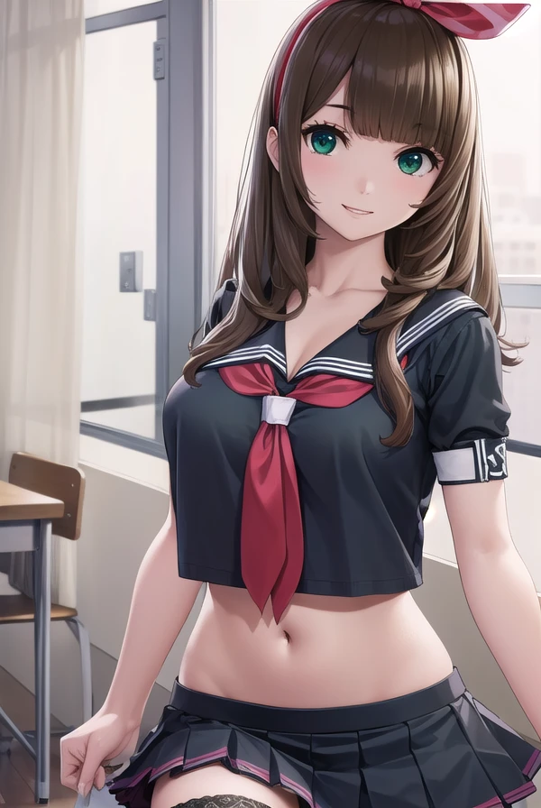 chitosenishina, <lora:chitose nishina manga-lora-nochekaiser:1>,
chitose nishina, long hair, brown hair, (green eyes:1.3), bangs, blunt bangs, smile,
BREAK skirt, thighhighs, navel, cleavage, school uniform, pleated skirt, hairband, shoes, serafuku, black thighhighs, black skirt, zettai ryouiki, neckerchief, bow, hair bow,
BREAK indoors, classroom,
BREAK looking at viewer, (cowboy shot:1.5),
BREAK <lyco:GoodHands-beta2:1>, (masterpiece:1.2), best quality, high resolution, unity 8k wallpaper, (illustration:0.8), (beautiful detailed eyes:1.6), extremely detailed face, perfect lighting, extremely detailed CG, (perfect hands, perfect anatomy),
