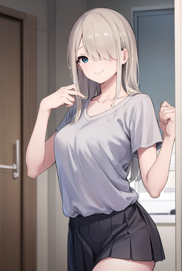 rumitakahashi, <lora:rumi takahashi manga-lora-nochekaiser:1>,
rumi takahashi, long hair, (hair over one eye:1.5), blonde hair, (grey eyes:1.3), smile, seductive smile,
BREAK skirt, shirt, collarbone, short sleeves, pleated skirt,
BREAK indoors,
BREAK looking at viewer, (cowboy shot:1.5),
BREAK <lyco:GoodHands-beta2:1>, (masterpiece:1.2), best quality, high resolution, unity 8k wallpaper, (illustration:0.8), (beautiful detailed eyes:1.6), extremely detailed face, perfect lighting, extremely detailed CG, (perfect hands, perfect anatomy),