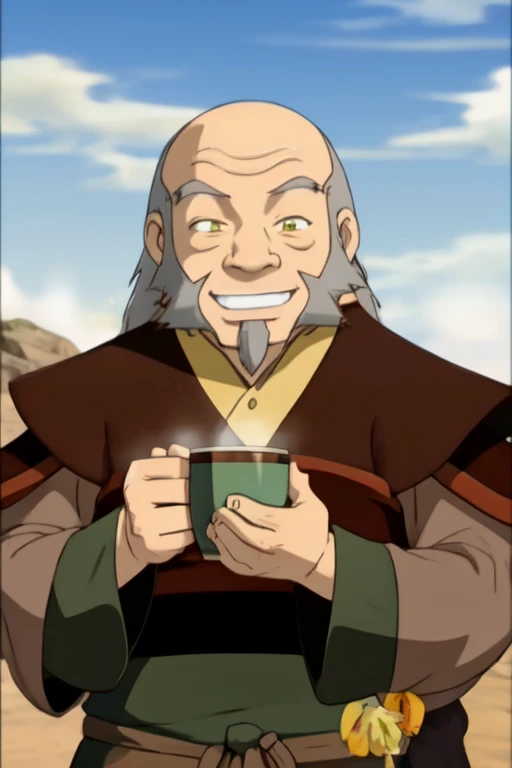 <lora:uncleiroh-10:1>, uncleiroh, old man,
yellow eyes,
grey hair, facial hair, mustache,
bald,
tea, holding cup, cup of tea, steam
plump,
happy, smile,
green suit, gold trim,