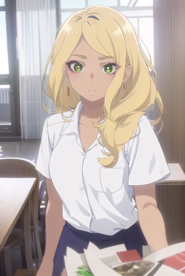 sonoejuujou, <lora:sonoe juujou s1-lora-nochekaiser:1>,
sonoe juujou, long hair, blonde hair, (green eyes:1.3), dark skin, dark-skinned female,
BREAK earrings, skirt, shirt, school uniform, white shirt, short sleeves, collared shirt, shirt tucked in,
BREAK indoors, classroom,
BREAK looking at viewer, (cowboy shot:1.5),
BREAK <lyco:GoodHands-beta2:1>, (masterpiece:1.2), best quality, high resolution, unity 8k wallpaper, (illustration:0.8), (beautiful detailed eyes:1.6), extremely detailed face, perfect lighting, extremely detailed CG, (perfect hands, perfect anatomy),