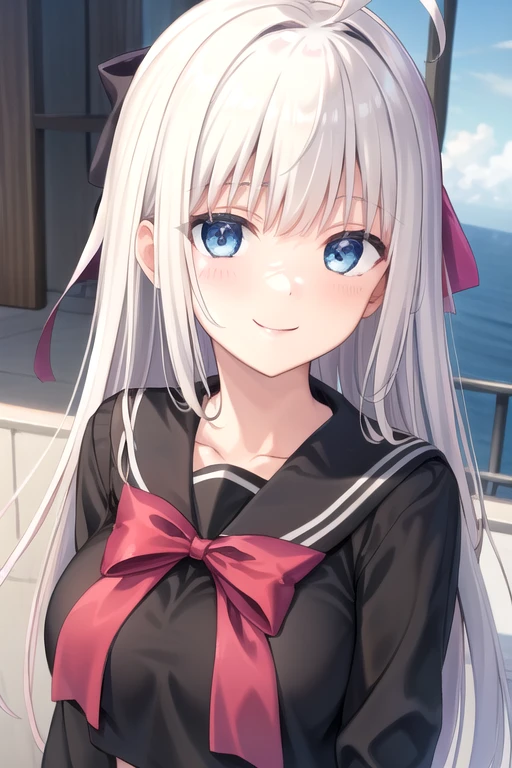 ((masterpiece)),(best quality),official art,extremely detailed CG,unity 8k wallpaper,ultra detailed,beautiful detailed eyes,extremely detailed face,A lighthouse on a cliff by the sea,1girl,solo,upper body,(portrait:1.5),looking at viewer,facing viewer,smile,ahoge,very long hair,sliver hair,hair bow,hair bow ribbon,sidelocks,bangs,blue eyes,school uniform,black sailor collar,pink bow,black serafuku,long sleeves,large breasts,black skirt,pleated skirt,black pantyhose,loafers,<lora:Ghost(pa):0.5>,