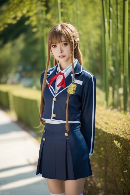 ltra-detailed,highly detailed,best quality,masterpiece,illustration,realistic,photorealistic,
1girl, solo, cosplay,
yuuki asuna, school uniform, neck ribbon, jacket, collared shirt, skirt,
long sleeves, buttons,
long blonde hair, bangs, braid slicked back,
looking at viewer, cowboy shot, standing, arms behind back,
photo background, outdoors, bamboo forest, path, train,
<lora:yuuki asuna_v1_05:1.0>