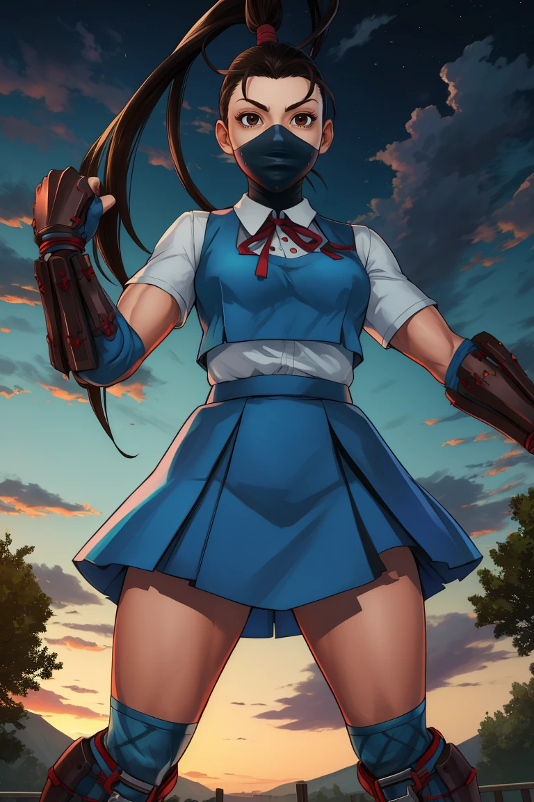 ibuki,black hair,brown eyes,long hair,high ponytail,
school uniform,mouth mask,gauntlets,looking at viewer,blue skirt,
standing,
night,cloudy sky,
(insanely detailed, masterpiece, best quality),solo,<lora:ibukiSF5:0.8>,