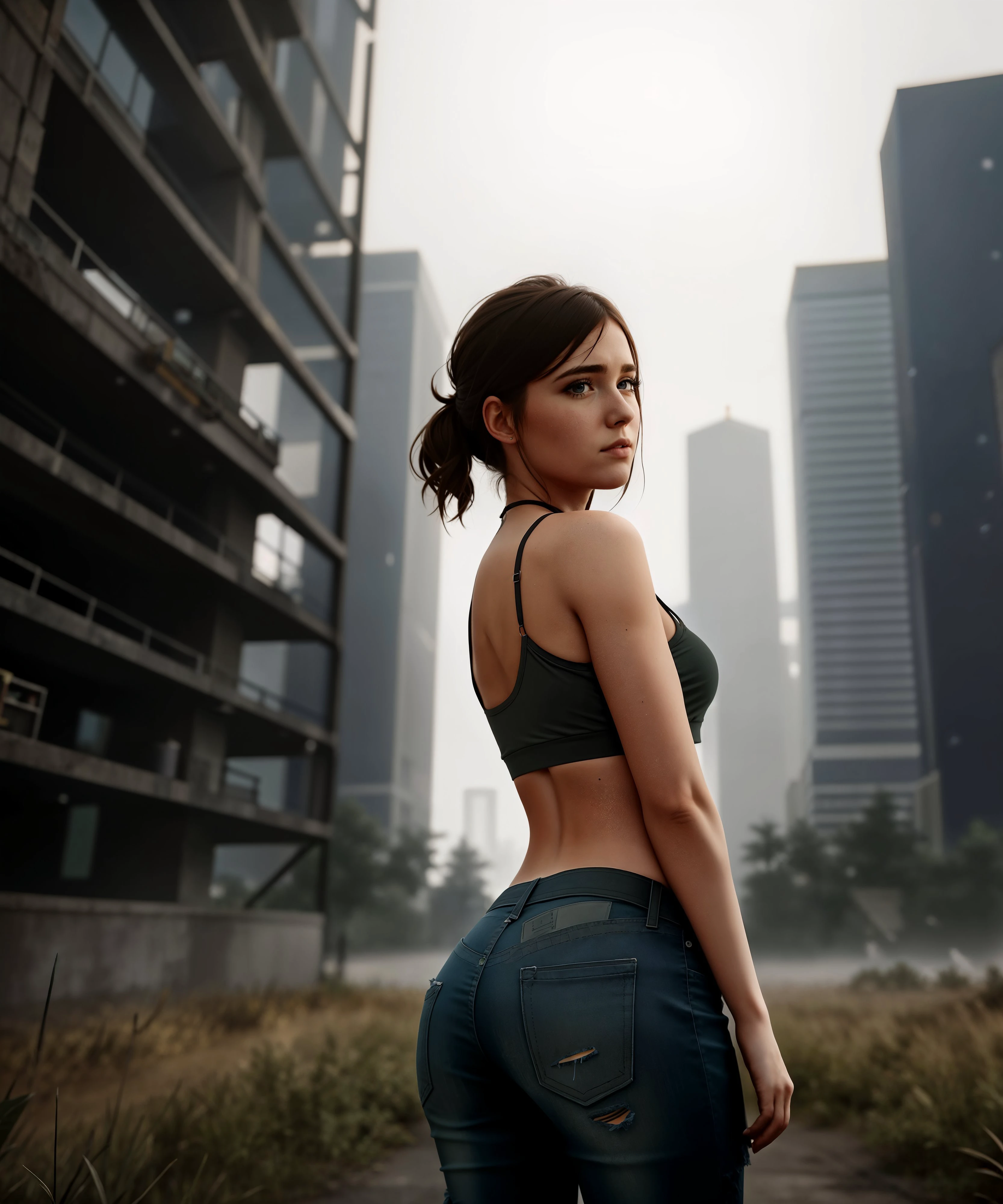 <lora:Ellie:0.7>
a woman, ellie, half body, (backpack:0.6), ((looking at viewer)), (ruined city background:1.3), (apocalypse:1.3), oppressive atmosphere, (Artstation:1.3), (intricate:1.1), (highly detailed:1.2), (digital painting:1.2), (sharp focus:1.2), (illustration:1.1), (3d:0.9), (3d_bacground:0.9), 8 k., fog, animals, postapocalyptic, overgrown with plant life and ivy, artgerm, octane render, unreal engine
