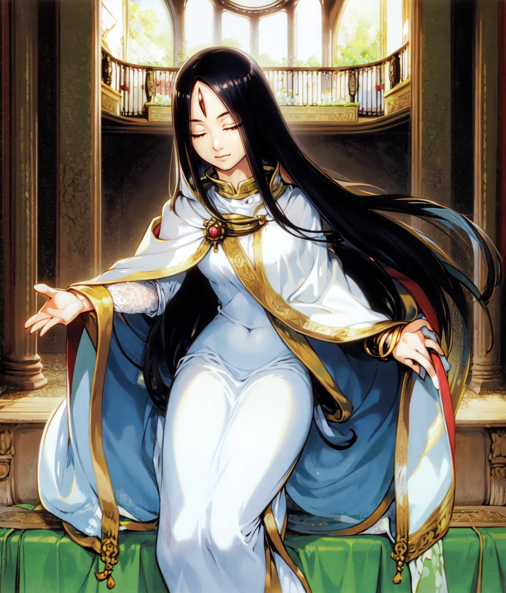 masterpiece, high res, detailed face, detailed eyes, anime screencap, 1 girl, long hair, black hair, eyes closed, forehead jewel, white tunic, blue beams of light, indoors, full body, floating, cowboy shot <lora:Leknaat:1>