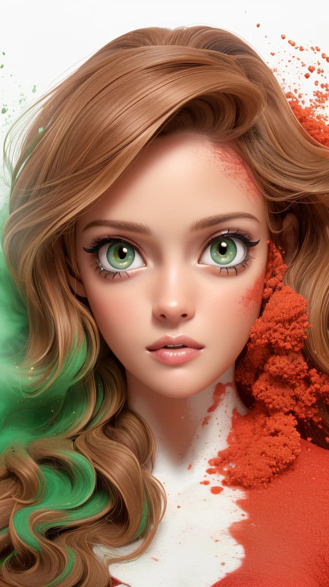 <lora:Sexy-Italian:1> brown wavy hair, ((hazel eyes)), full lips, green powder, white powder and red powder splashes on background, high quality photography, <lora:powder_v1.0:1>