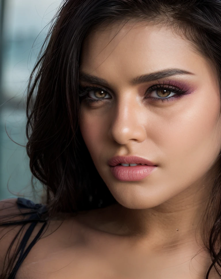 cinematic photo ,realistic, best quality,      <lora:quiron_SunnyLeone_v1_lora:0.87> SunnyLeoneQuiron, makeup,, skin pores, perfect iris,  perfect eyes,  serious, portrait, linkedin, grey background, . 35mm photograph, film, bokeh, professional, 4k, highly detailed