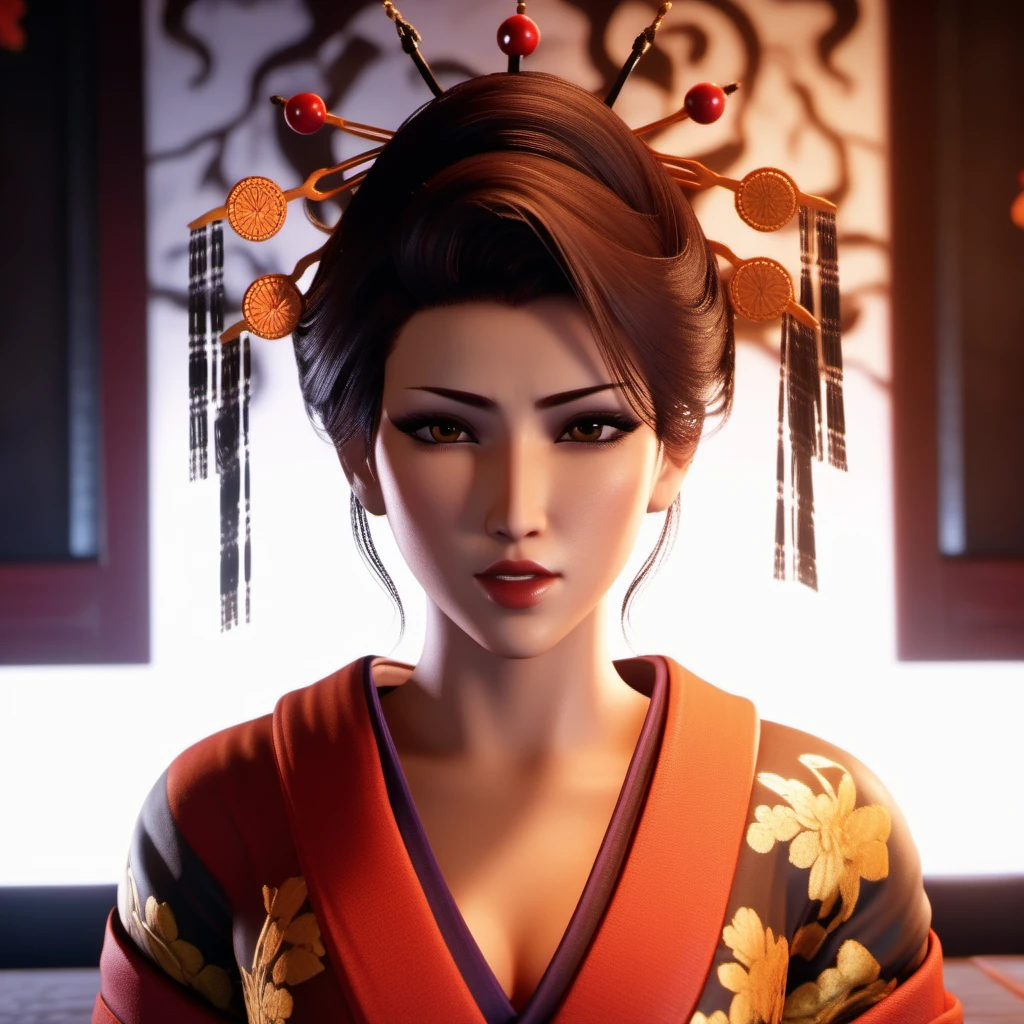Ultra realistic extremely beautifully detailed 8k picture of 1 gorgeously cute and cool ff7 madam m exploring a forbidden city at night, extremely detailed eyes mouth and facial features, gorgeous breathtaking composition and epic cinematic lighting <lora:ff7 madam m:0.8>