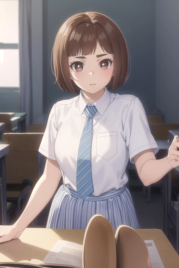 kazusaonodera, <lora:kazusa onodera s1-lora-nochekaiser:1>,
kazusa onodera, short hair, bangs, brown hair, (brown eyes:1.5), blunt bangs, bob cut, thick eyebrows,
BREAK skirt, shirt, school uniform, white shirt, short sleeves, necktie, striped, collared shirt, shirt tucked in, striped necktie,
BREAK indoors, classroom,
BREAK looking at viewer, (cowboy shot:1.5),
BREAK <lyco:GoodHands-beta2:1>, (masterpiece:1.2), best quality, high resolution, unity 8k wallpaper, (illustration:0.8), (beautiful detailed eyes:1.6), extremely detailed face, perfect lighting, extremely detailed CG, (perfect hands, perfect anatomy),
