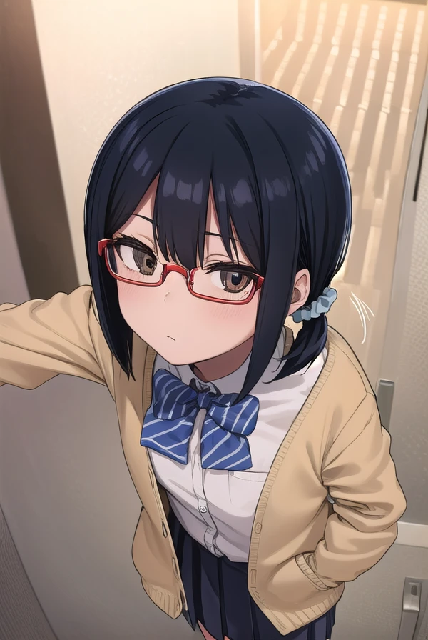 shihosayama, <lora:shiho sayama manga-lora-nochekaiser:1>,
shiho sayama, black hair, (brown eyes:1.5), glasses, twintails, short hair, scrunchie, hair scrunchie, red-framed eyewear,
BREAK skirt, shirt, long sleeves, bow, school uniform, pleated skirt, shoes, socks, bowtie, blue bow, cardigan,
BREAK indoors, classroom,
BREAK looking at viewer, (cowboy shot:1.5),
BREAK <lyco:GoodHands-beta2:1>, (masterpiece:1.2), best quality, high resolution, unity 8k wallpaper, (illustration:0.8), (beautiful detailed eyes:1.6), extremely detailed face, perfect lighting, extremely detailed CG, (perfect hands, perfect anatomy),