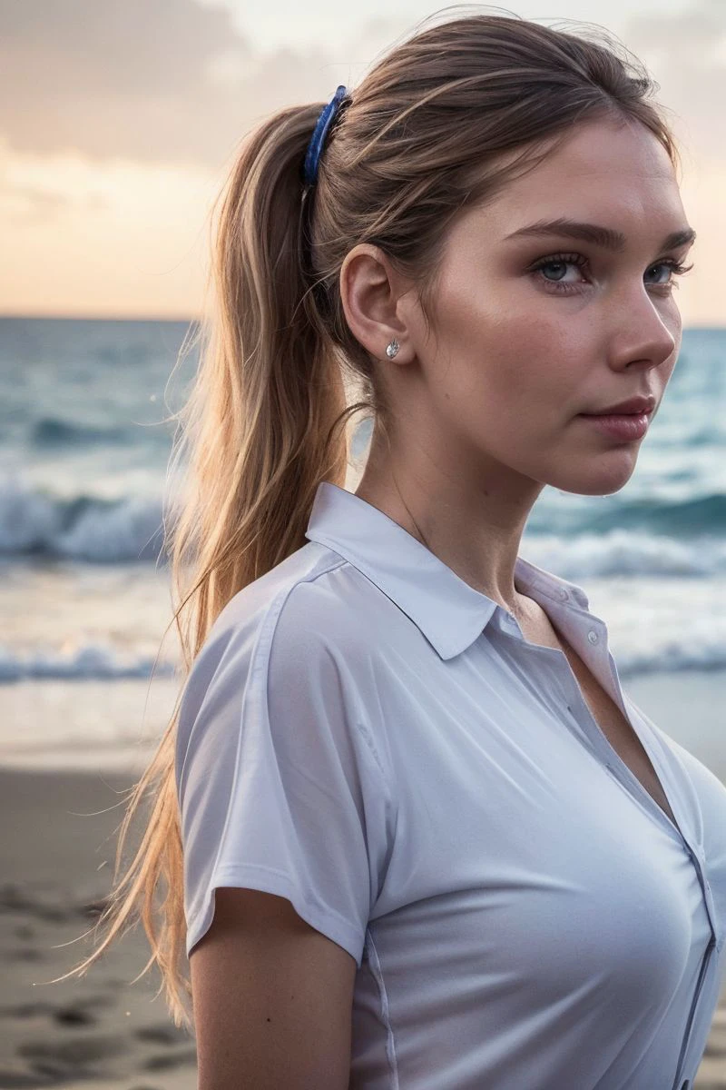 headshot of S305_NataliaTihomirova,a gorgeous woman,on a (beach:1.1),wearing a (vibrant-shirt:1.1),(ponytail),(4k, RAW photo, best quality, depth of field, ultra high res:1.1),(absurdres, intricate, photorealistic, masterpiece, ultra-detailed:1.1),