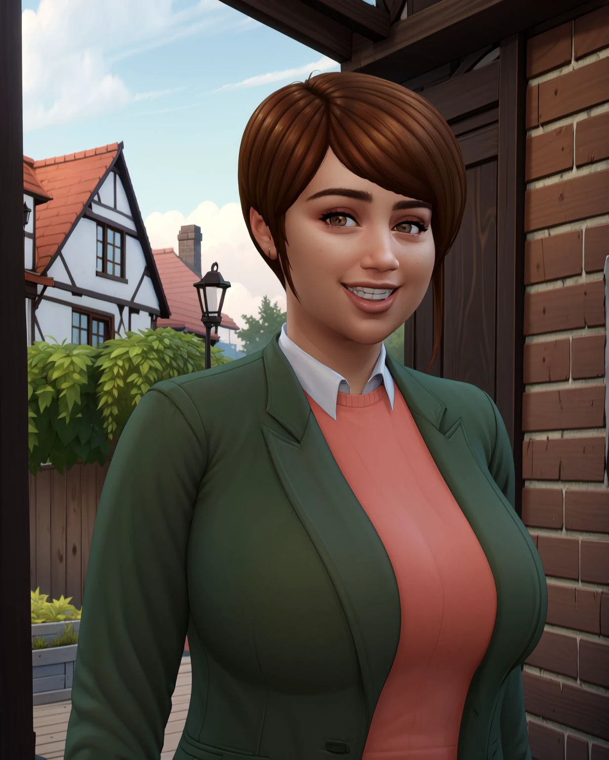 (masterpiece, best quality, high resolution:1.3), <lora:HandFineTuning:0.1> <lora:m441k3TS4:0.8> m441k3ts4, short brown hair, brown eyes, stocky woman, looking at viewer, open mouth grin, green jacket, upper body, outdoor scene, half-timbered house