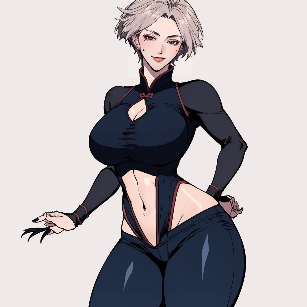 (masterpiece, best quality:1.3), Mesuki_Peropero, 1girl, solo, looking at viewer, wide hips, mature female, simple background, closed mouth, seductive smile, large breasts, cowboy shot, thick thighs, <lora:Mesuki_Peropero Style Lora:.85>, akims, mole, claw \(weapon\), clothing cutout, dress, chinese clothes, bodysuit, pants <lora:AKI:.8>