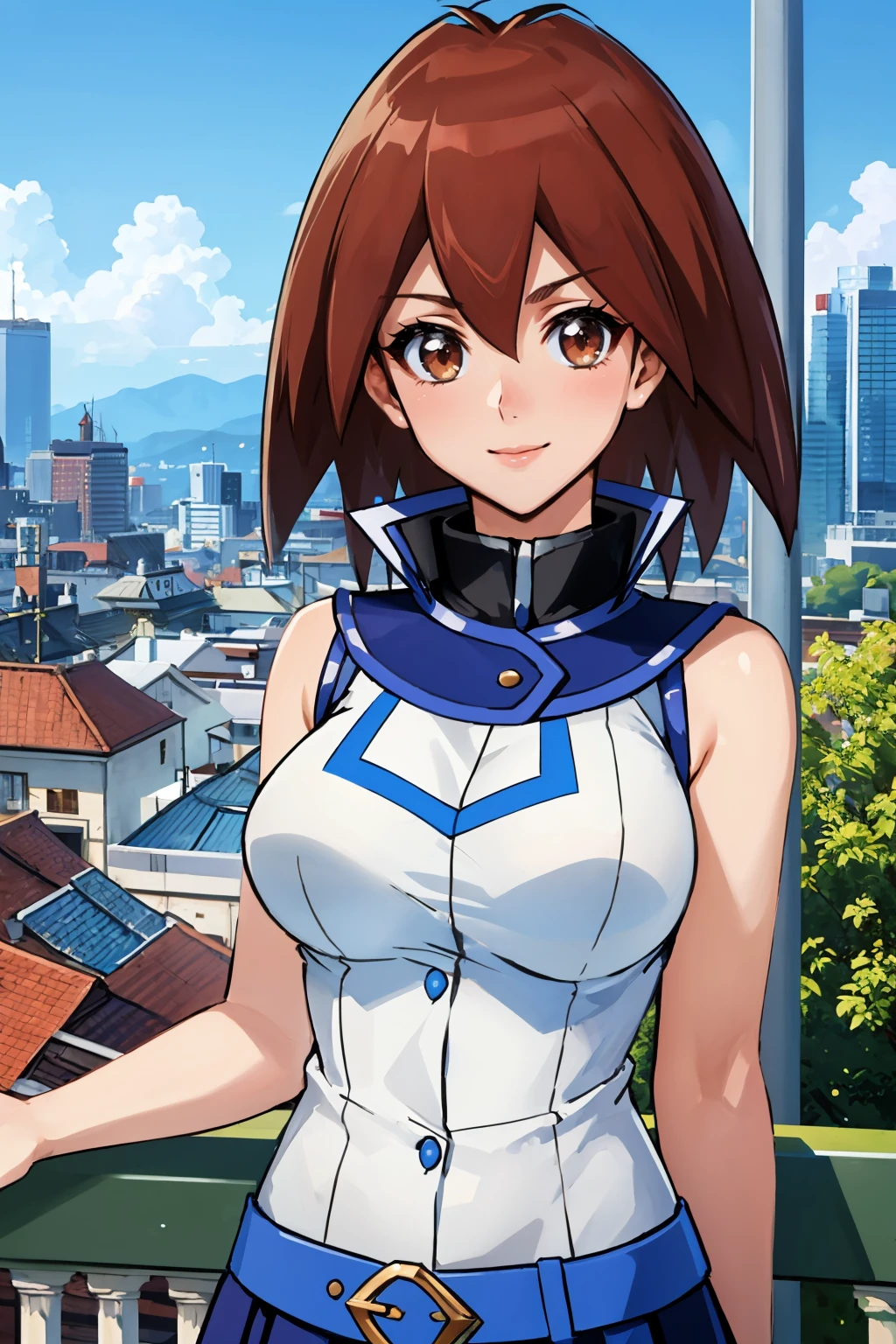 masterpiece, best quality, <lora:makuradajunko-nvwls-v1-000009:0.8> makurada junko, white vest, sleeveless, high collar, belt, blue miniskirt, upper body, looking at viewer, large breasts, smile, cityscape, blue sky