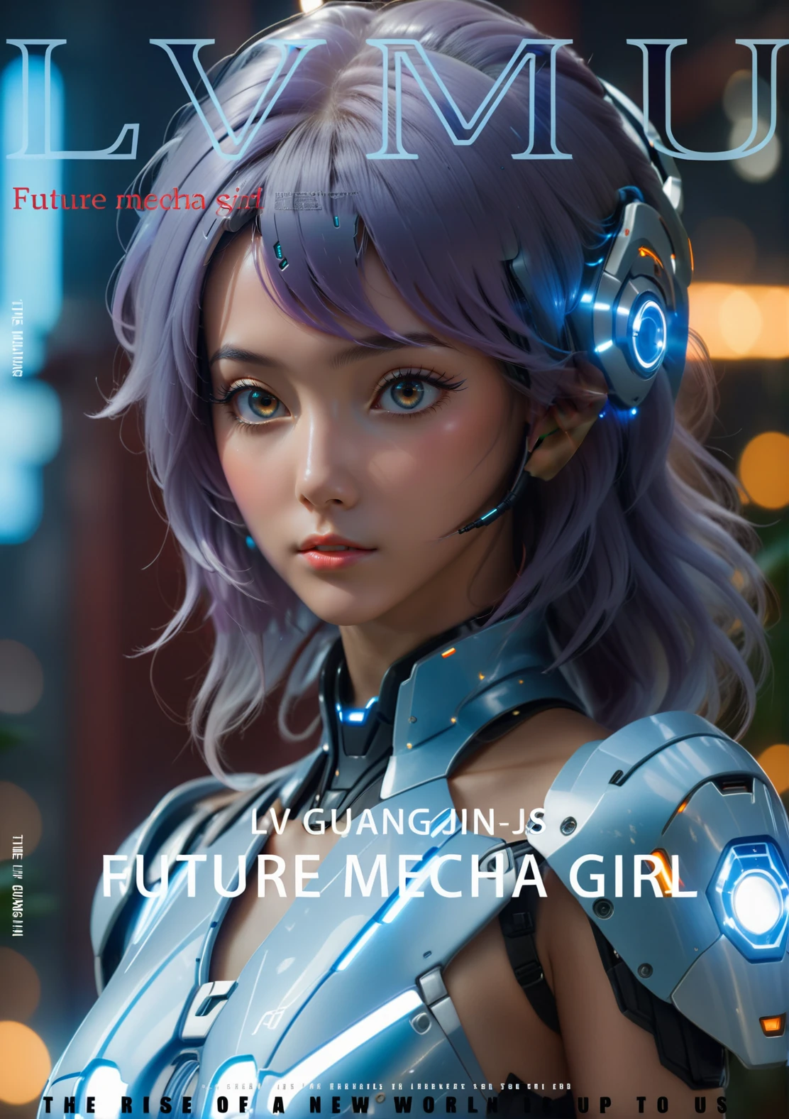 cinematic film still a magazine cover with a girl in a futuristic suit and headphones on her head and a futuristic background,Fan Qi,cgstudio,cyberpunk art,futurism,<lora:JACG1.0:1>, . shallow depth of field, vignette, highly detailed, high budget, bokeh, cinemascope, moody, epic, gorgeous, film grain, grainy