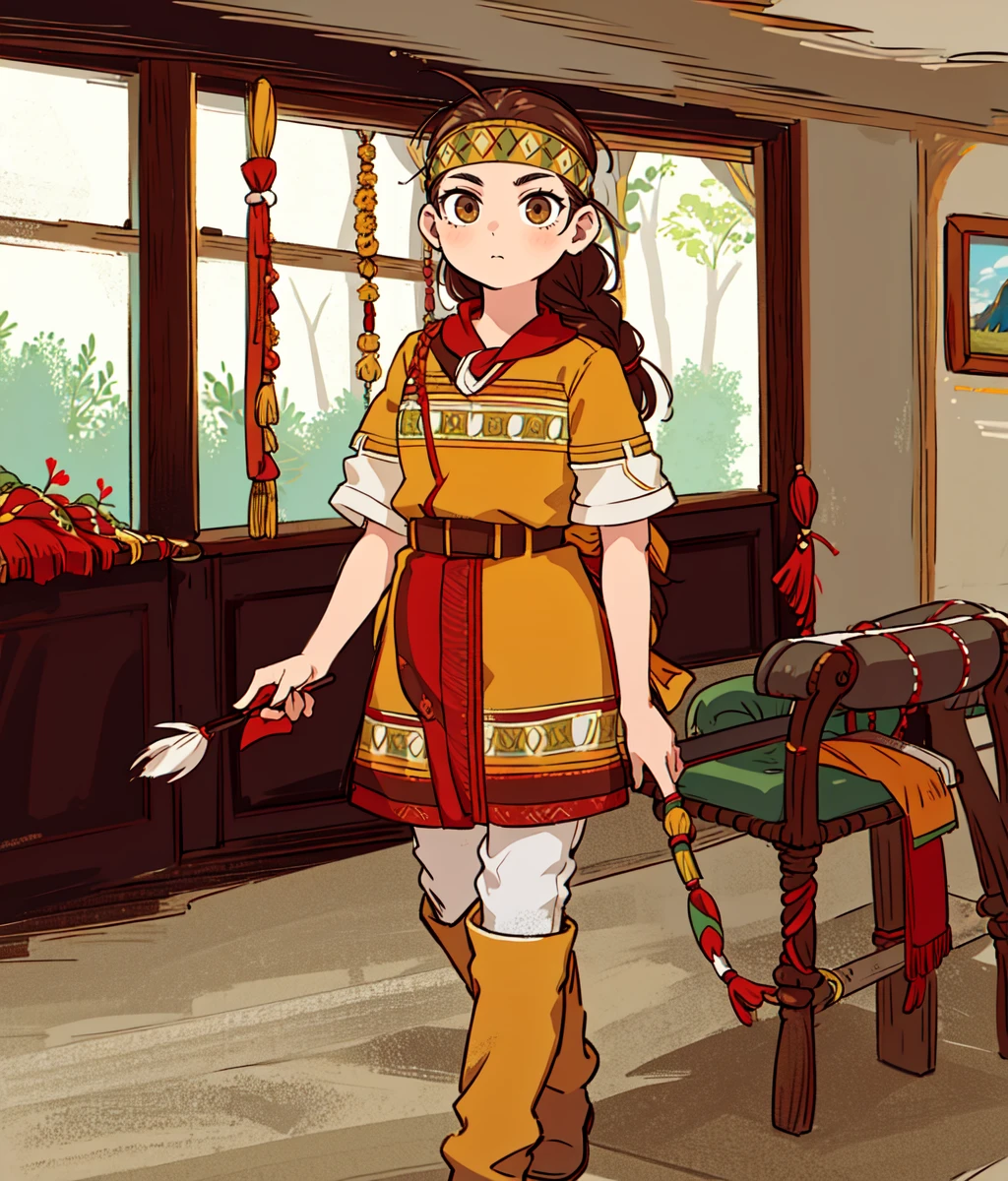 masterpiece, high res, detailed face, detailed eyes, 1 girl, solo, slender, brown hair, brown eyes, single back braid, headband, yellow native american costume, walking, full body, indoors, tavern, cowboy shot <lora:Ayda:1>