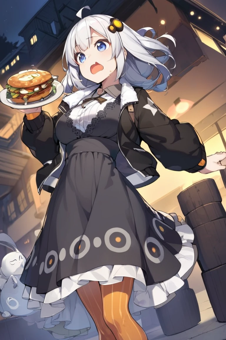 1girl, dress, jacket, hair ornament, hungry, night, dynamic angle, akarilora, <lora:akarilora_charaLoRA_XL_AMG:0.7:lbw=1,0,1,0,1,1,0.5,1,0,0,0,0,>