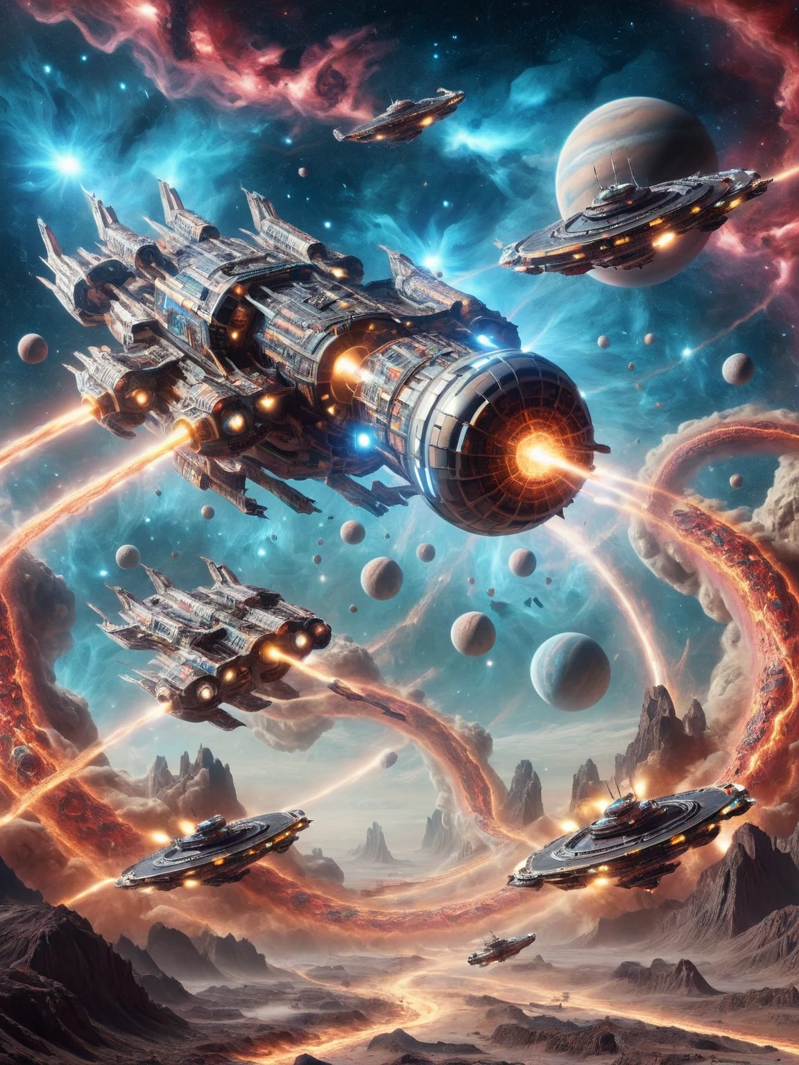 A thrilling ais-cny space scene with interstellar ships navigating through a nebula <lora:Lunar_New_Year_Dragon_SDXL:1>