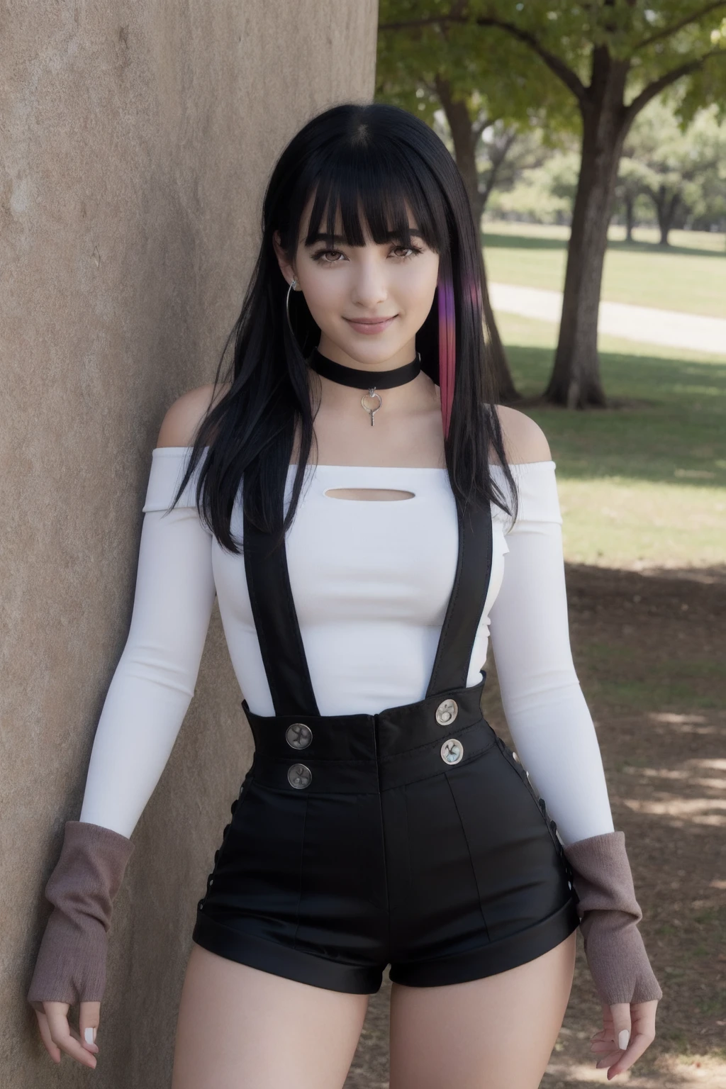 rouge redstar,1girl,pale skin, black hair, solo, long hair, pink eyes, black overall shorts,white off-shoulder shirt,suspenders,straps,silver buttons, indian red arm warmers,ear ornament, black choker, streaked hair, blunt bangs, looking at viewer,seductive smile, cowboy shot,stone wall, (best quality, masterpiece),blue sky,tree, long sleeves,clothing cutout, suspenders <lora:rougue_redstar_v1_1:1>