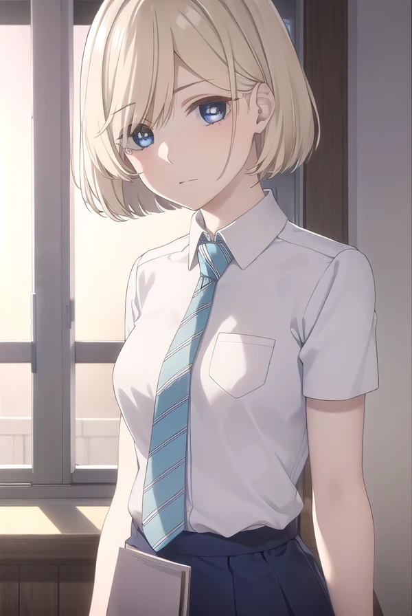 niinasugawara, <lora:niina sugawara s1-lora-nochekaiser:1>,
niina sugawara, short hair, blue eyes, blonde hair,
BREAK skirt, shirt, school uniform, white shirt, short sleeves, necktie, striped, collared shirt, shirt tucked in, striped necktie,
BREAK indoors, classroom,
BREAK looking at viewer, (cowboy shot:1.5),
BREAK <lyco:GoodHands-beta2:1>, (masterpiece:1.2), best quality, high resolution, unity 8k wallpaper, (illustration:0.8), (beautiful detailed eyes:1.6), extremely detailed face, perfect lighting, extremely detailed CG, (perfect hands, perfect anatomy),