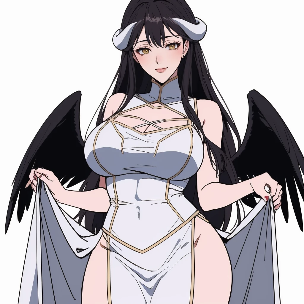 (masterpiece, best quality:1.3), Mesuki_Peropero, 1girl, solo, looking at viewer, wide hips, mature female, simple background, closed mouth, seductive smile, large breasts, cowboy shot, thick thighs,  <lora:Mesuki_Peropero Style Lora:.85>, albedo \(overlord\), white horns, yellow eyes, black hair, demon horns, slit pupils, white dress, long dress, black wings, feathered wings  <lora:albedo:.8>