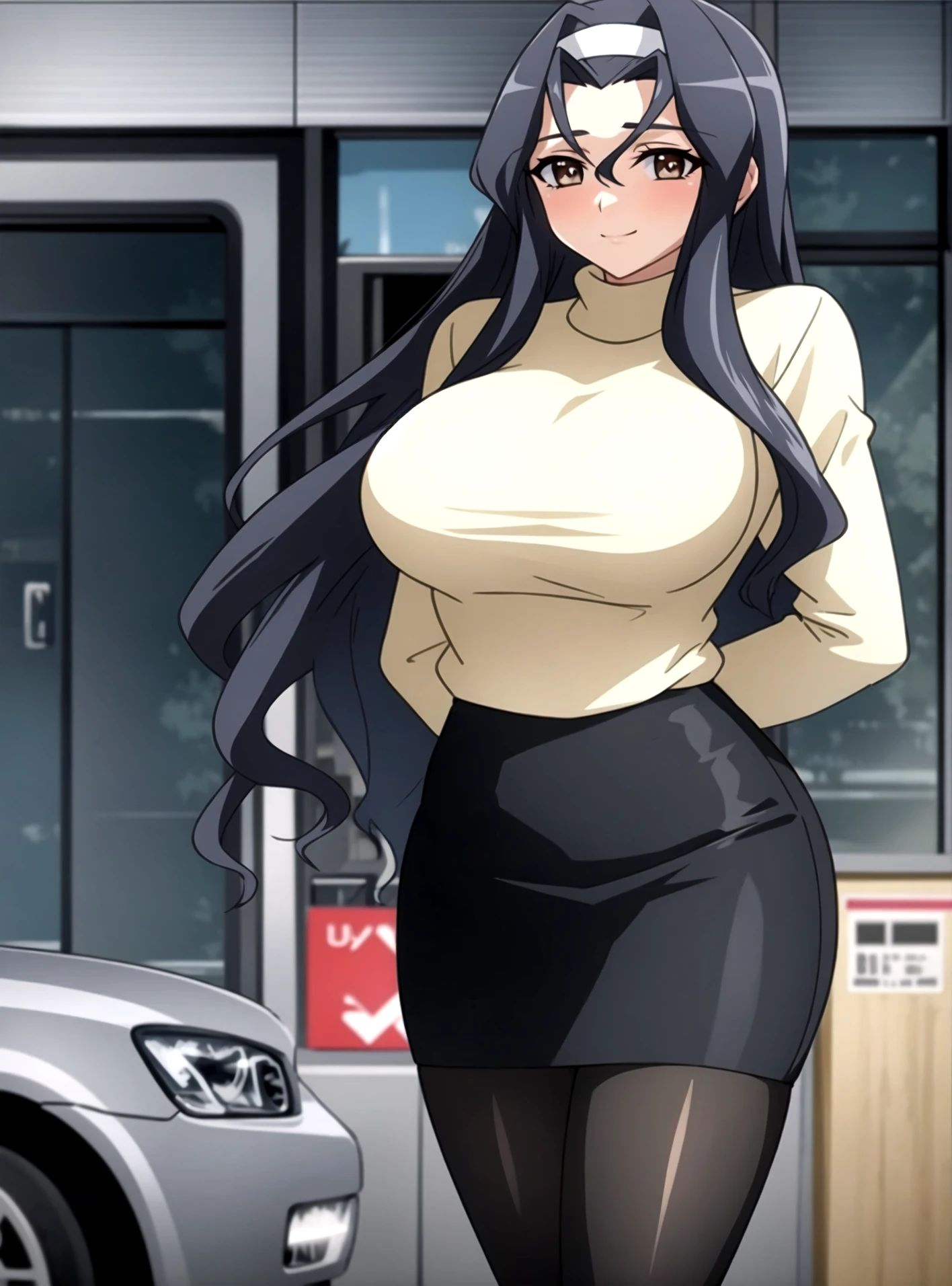 masterpiece, lots of detail, 4k, 8k, ((ultra-detailed)), highres, cinematic lighting, atmospheric lighting, official artwork, cowboy shot, hetero, outdoors, <lora:Houkago_2__Saiyuri_Yuuko-10:0.7>, yuukov2, 1girl, solo, female focus, mature female, solo focus. black hair, long hair, hairband, parted bangs, brown eyes, looking at viewer, blush, smile, sweater, pencil skirt, large breasts, standing, arm behind back, hidden hands, pantyhose, neckless, curvy,