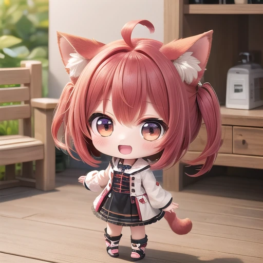 1girl, (chibi:1.4), smile, open mouth, upper body, standing, animal ear, red hair, indoor|outdoor|}