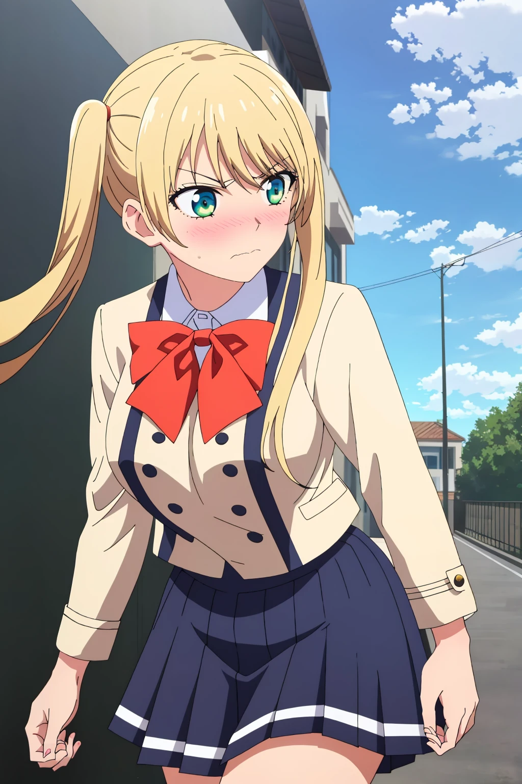 ((best quality)),((highly detailed)),masterpiece,absurdres,detailed face,beautiful face,(detailed eyes, deep eyes),1girl,((dynamic pose)) ,<lora:mirikaV1.4-000009:0.7>mirika, blush, school uniform, twintails, blonde hair, skirt, green eyes, sky, cloud, long hair, bow, outdoors, day, solo, looking away, red bow, looking to the side, bowtie, blue skirt, blue sky, long sleeves, embarrassed, standing, cowboy shot, bangs, pleated skirt, breasts, closed mouth, solo focus, shirt, jacket, frown, wavy mouth, large breasts