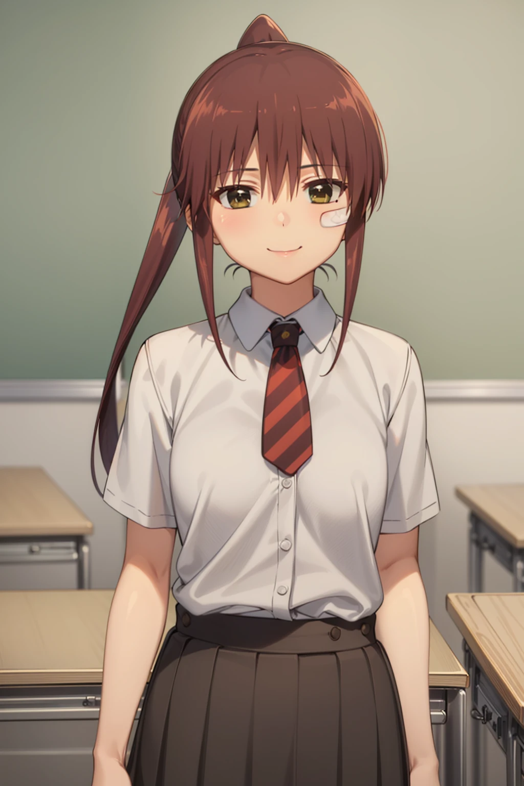 best quality, masterpiece, detailed,
<lora:KissXSis_SuminoeRiko:0.9>, Riko,
1girl, closed mouth, smile,
brown hair, brown eyes, ponytail, bandaid on face, sidelocks,
RikoSchool, collared shirt, white shirt, necktie, skirt,
standing, looking at viewer,
classroom, table, chalkboard