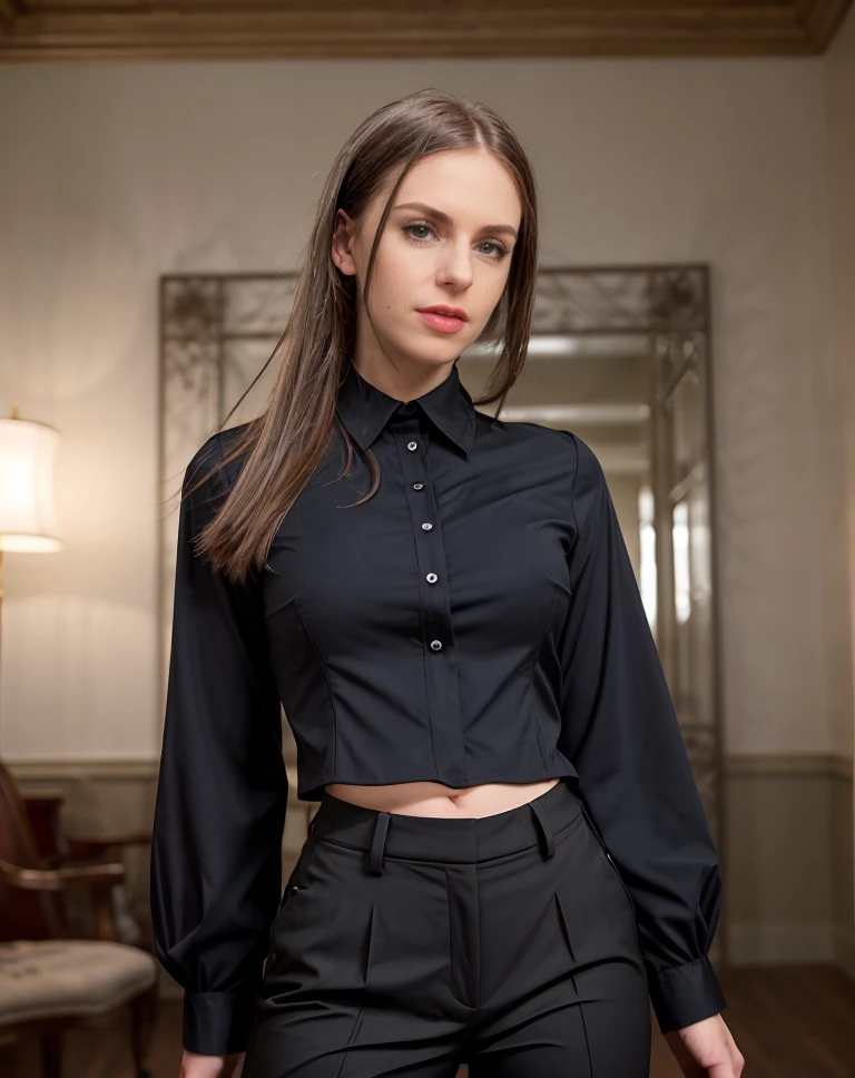 cinematic photo , masterpiece ,realistic, best quality, <lora:quiron_StellaCox_v1_lora:0.87> StellaCoxQuiron,, , realistic, depth of field, RAW photo, a woman Dressed in the (style of Pixelated Chloe pleated blouse with Straight-leg pants: Pants with a straight, uniform width from hips to hem.) with Mirror Caves in the background , Mimicking a fencing pose, . 35mm photograph, film, bokeh, professional, 4k, highly detailed