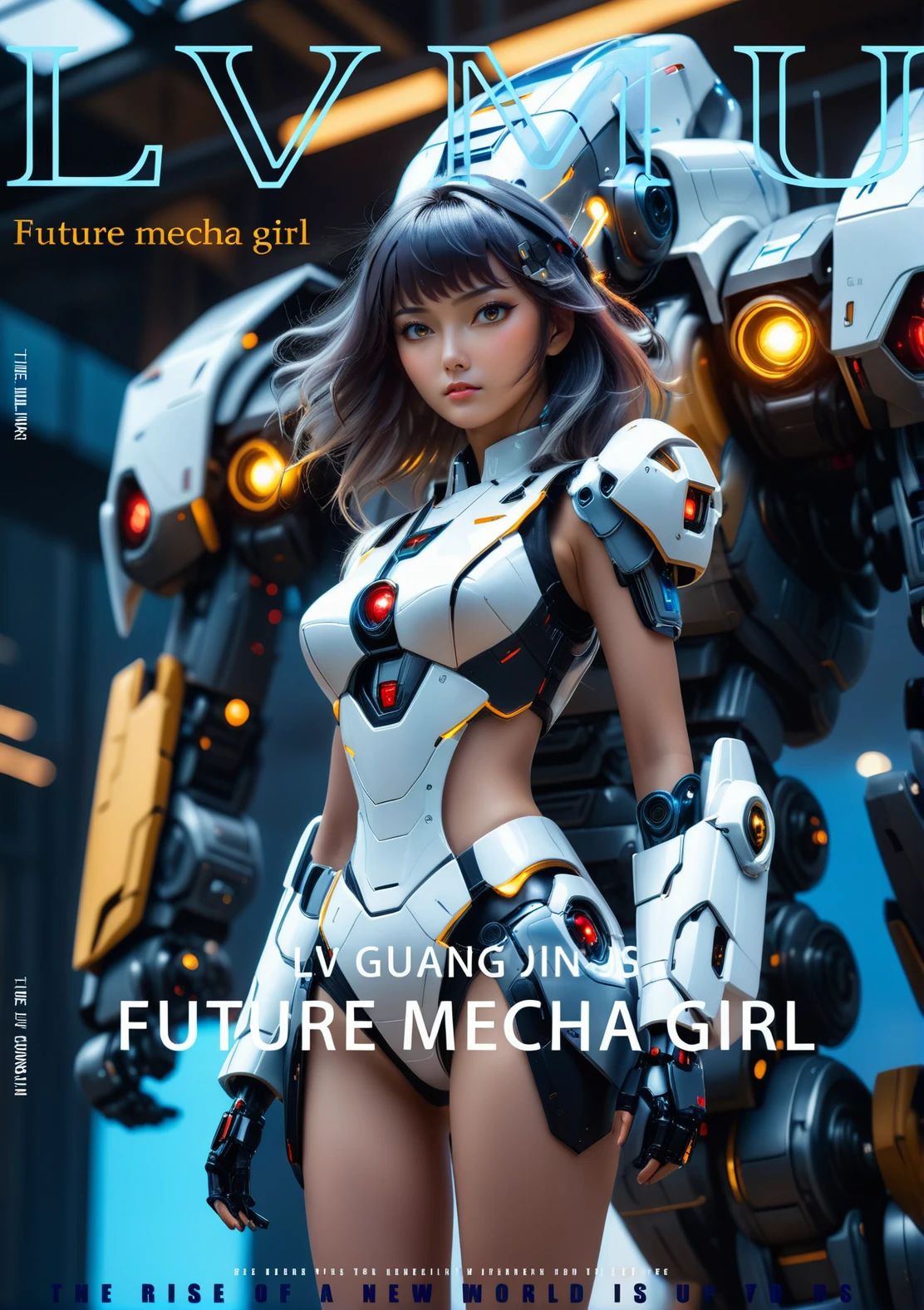 cinematic film still a futuristic woman in a futuristic suit on a magazine cover with a robot like figure behind her,and a futuristic helmet on her head,Fan Qi,mecha,cyberpunk art,futurism,<lora:JACG1.0:1>, . shallow depth of field, vignette, highly detailed, high budget, bokeh, cinemascope, moody, epic, gorgeous, film grain, grainy