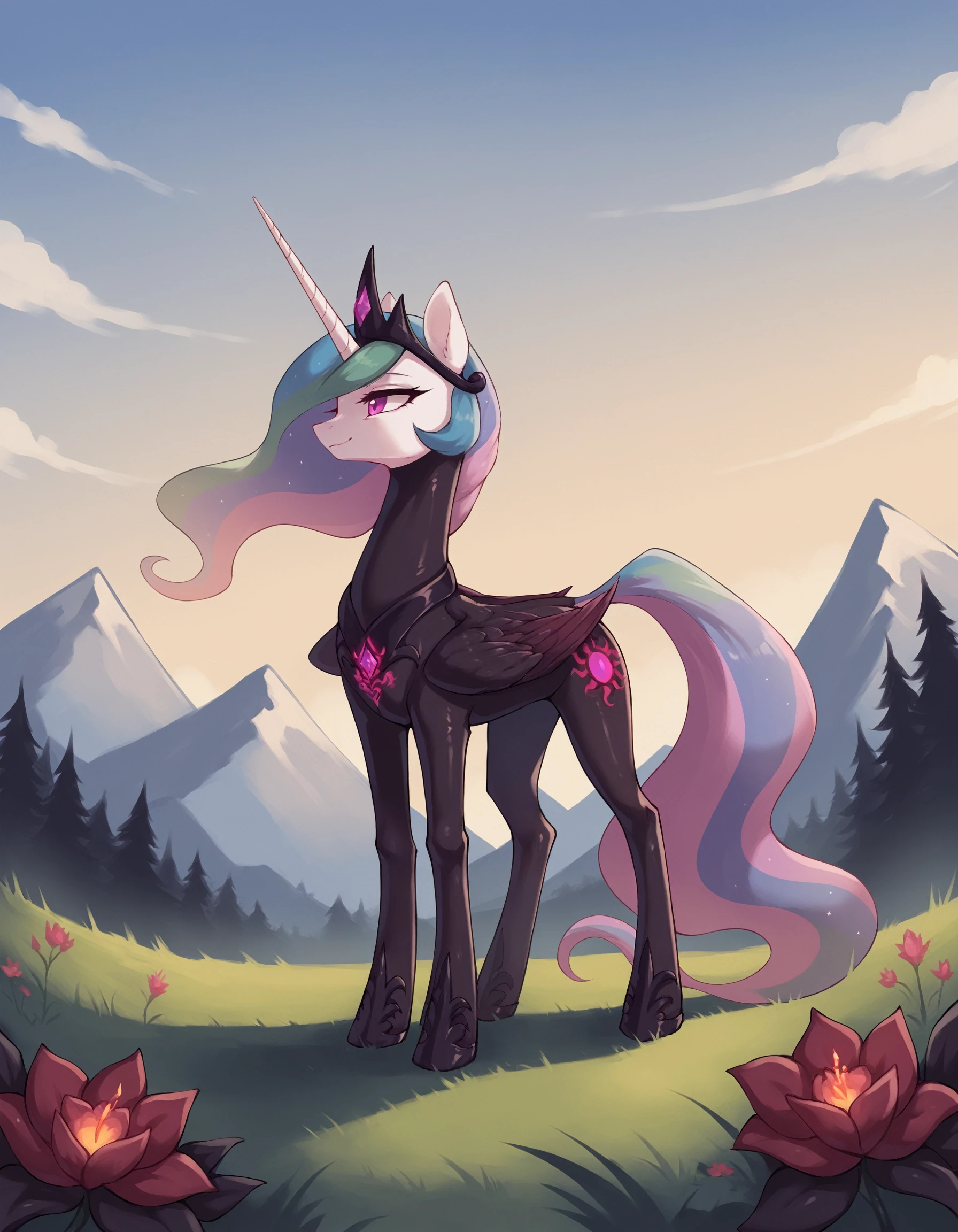 score_9, score_8_up, score_7_up, score_6_up, score_5_up, score_4_up
corrupted celestia, solo, feral pony, black (b34n bodysuit:1.2), pubic tattoo, fallen to evil, brainwashed, black crown, standing BREAK
outdoors, mountain, day, sky, flower, mountainous horizon, blue sky, grass <lora:Smooth Anime Style LoRA XL:1> <lora:b34n-ponyxl-1:0.6>