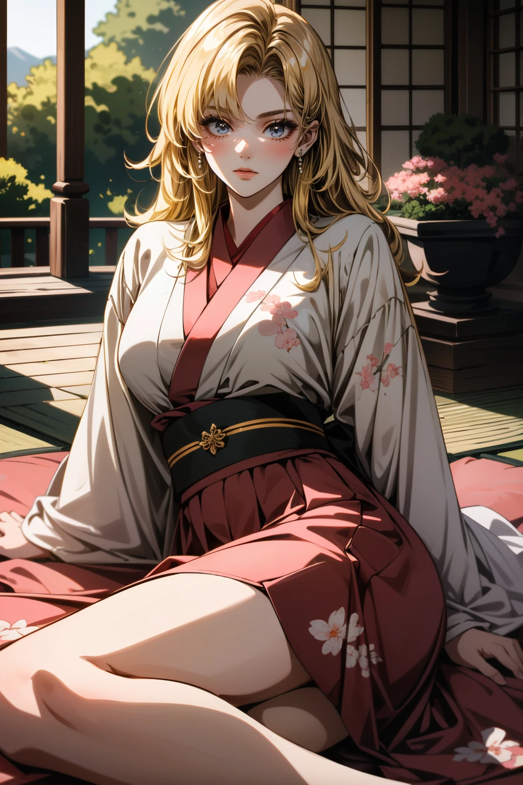 ((ultra detailed, masterpiece, absurdres))
 <lora:DOATina:0.9>
DOATina, 1girl, solo, blonde hair, Historic Japanese Cherry Blossom Garden , Lying on the side, propped up on one elbow
