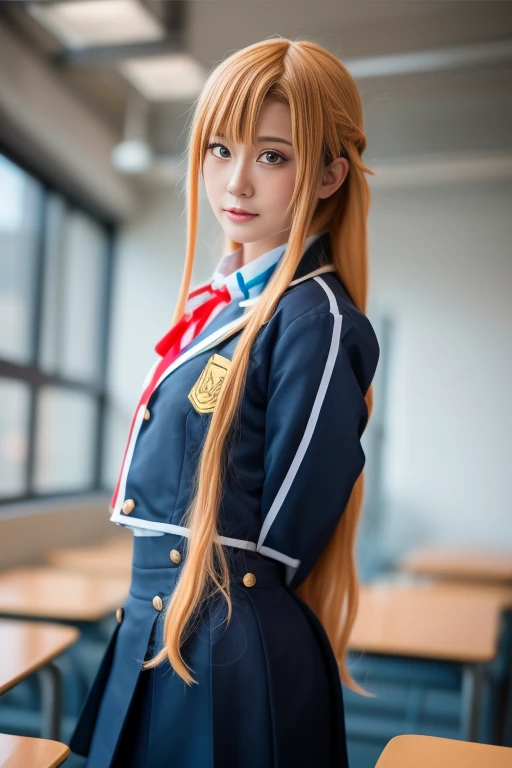 ltra-detailed,highly detailed,best quality,masterpiece,illustration,realistic,photorealistic,
1girl, solo, cosplay,
yuuki asuna, school uniform, neck ribbon, jacket, collared shirt, skirt,
long sleeves, buttons,
long blonde hair, bangs, braid,hair slicked back, french braid,
looking at viewer, cowboy shot, standing, arms behind back,
photo background, indoors, classroom,
<lora:yuuki asuna_v1_05:0.9>