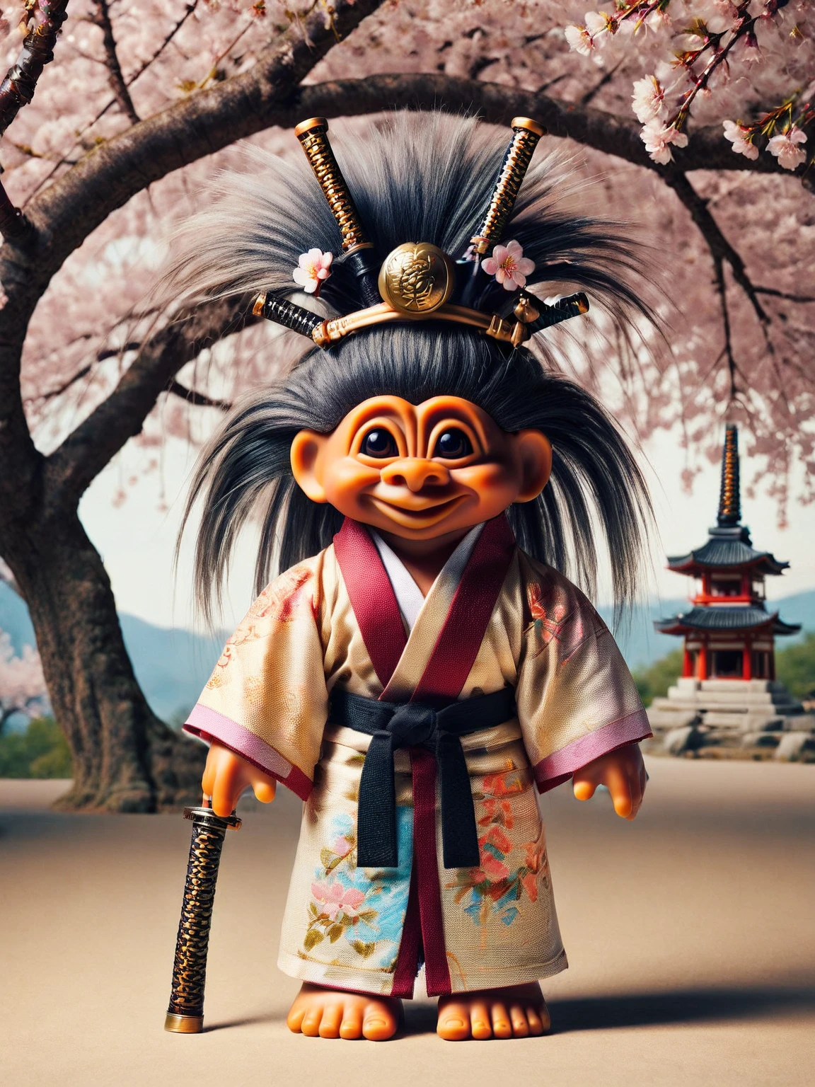 ais-trollz samurai, with a calm and dignified demeanor, in elegant armor and traditional samurai footwear, katana in hand, among cherry blossoms. The serene background of ancient temples enhances the noble aura <lora:Trollz_2:1>