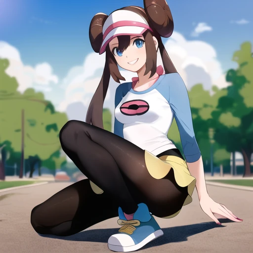 masterpiece, best quality, highly detailed, 1girl, solo, <lora:rosa_pokemon-09:0.8> (rosa_pokemon:1.3),
visor, brown hair, hair buns, long hair, twintails, blue eyes, raglan sleeves, long sleeves, yellow shorts, black pantyhose, legwear under shorts, shoes, (seductive smile:1.4), pink lips,
outdoors, clouds, kneeling,