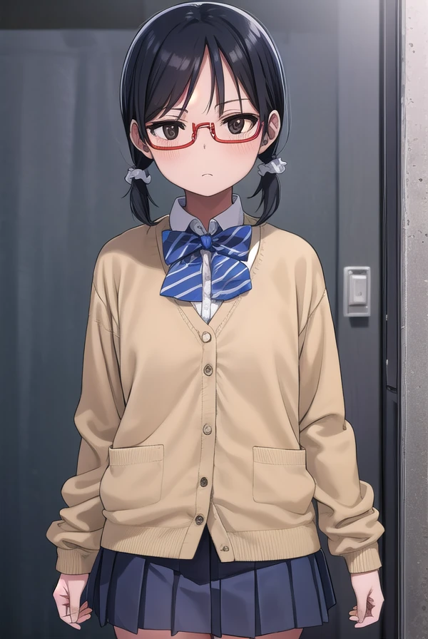 shihosayama, <lora:shiho sayama manga-lora-nochekaiser:1>,
shiho sayama, black hair, (brown eyes:1.5), glasses, twintails, short hair, scrunchie, hair scrunchie, red-framed eyewear,
BREAK skirt, shirt, long sleeves, bow, school uniform, pleated skirt, shoes, socks, bowtie, blue bow, cardigan,
BREAK indoors, classroom,
BREAK looking at viewer, (cowboy shot:1.5),
BREAK <lyco:GoodHands-beta2:1>, (masterpiece:1.2), best quality, high resolution, unity 8k wallpaper, (illustration:0.8), (beautiful detailed eyes:1.6), extremely detailed face, perfect lighting, extremely detailed CG, (perfect hands, perfect anatomy),