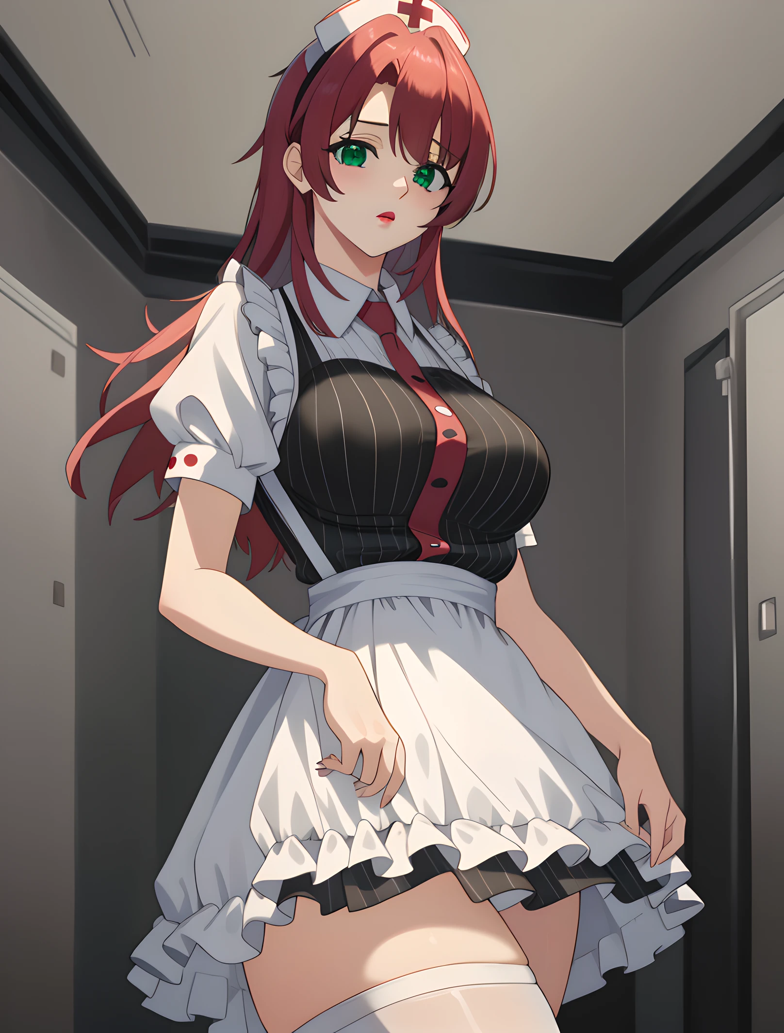 masterpiece, best quality, arisugawa natusha, 1girl, solo, orange hair, standing, skirt lift, bangs, breasts, maid headdress, maid, frills, black dress, detached collar, puffy short sleeves, wrist cuffs, apron, white thighhighs, white garter straps, long hair, looking at viewer, closed mouth, blurry background, cleavage, earrings, sweat, (corruption)