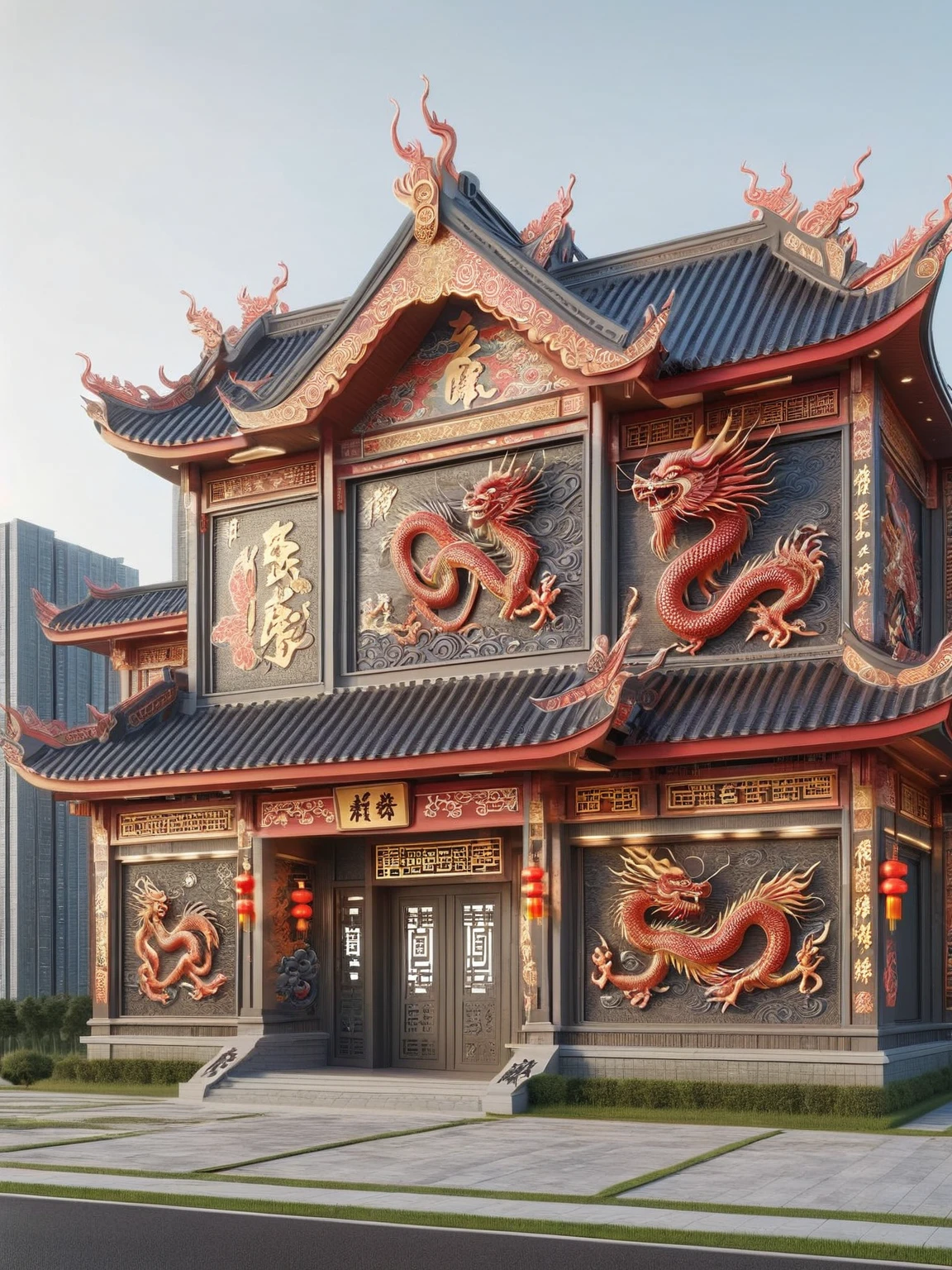 A modern ais-cny architectural masterpiece, combining traditional elements with futuristic design <lora:Lunar_New_Year_Dragon_SDXL:1>