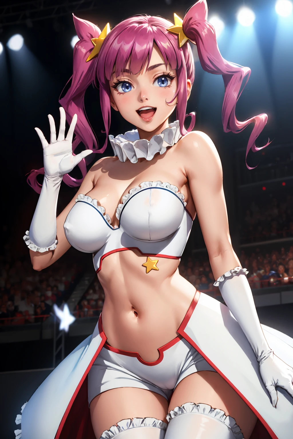 masterpiece, best quality, <lora:mihoshi-nvwls-v1-000008:0.8> kirara, twintails, pink hair, hair ornament, white tube top, cleavage, frills, midriff, white shorts, short shorts, white overskirt, white thighhighs, white gloves, star \(symbol\), star on stomach, large breasts, wink, :D, hand up, spotlight, stage, looking at viewer, waving, arms at sides