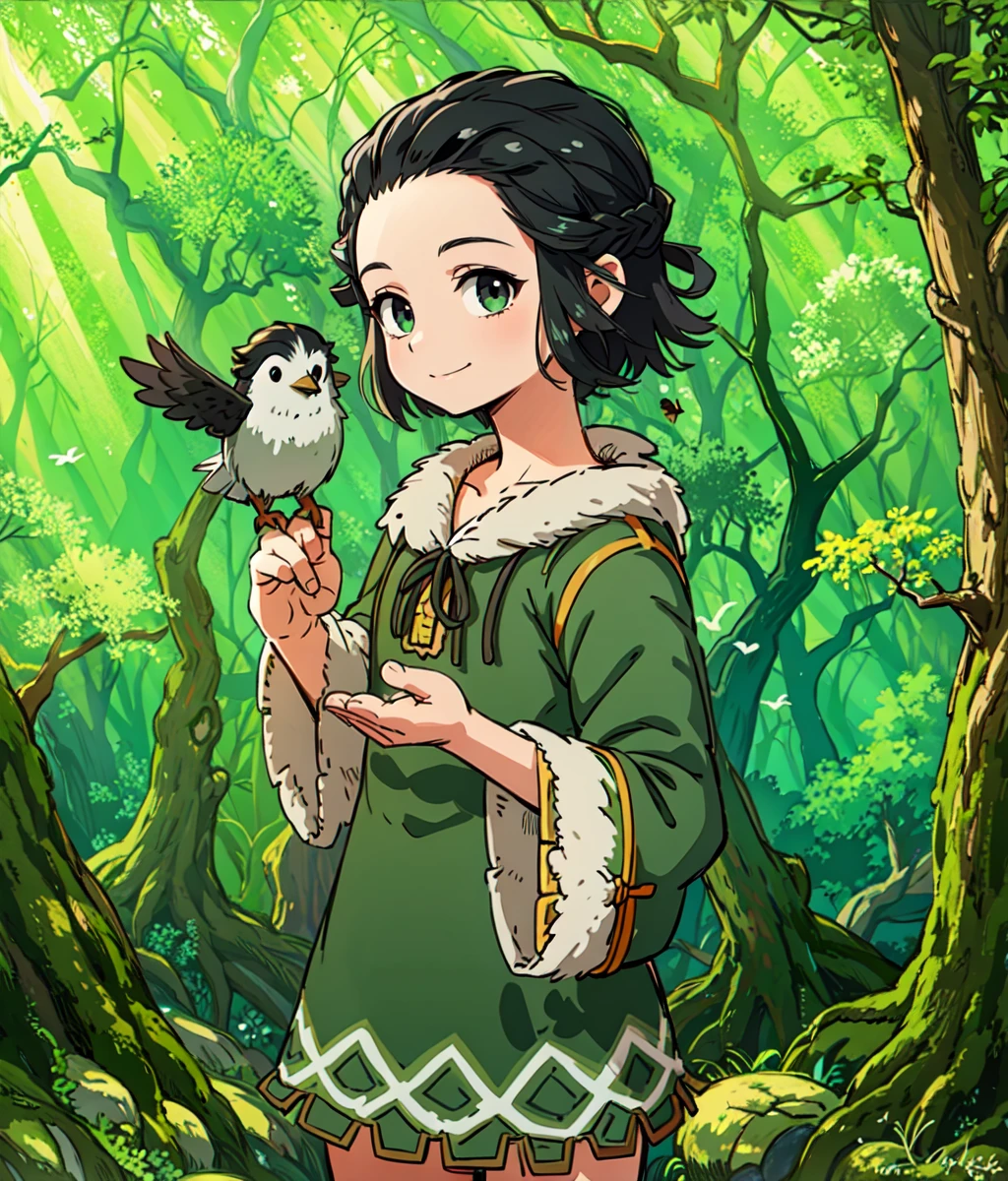 anime screencap, 1 girl, solo, black hair, short hair, green dress, hair hornament, dreadlocks, forehead, outdoors, forest, bird in hand, full body, cowboy shot, subtle smile <lora:Yun:1>, masterpiece, high res, detailed face, detailed eyes,