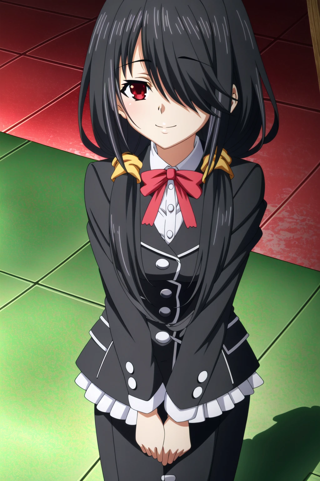 (extremely detailed CG unity 4k wallpaper),(masterpiece),(best quality),(ultra-detailed),(best illustration),(best shadow),(absurdres),(detailed background)<lora:OGT_Kurumi_Tokisaki-v1:1> Kurumi Tokisaki, 1girl, solo, red eyes, black hair, hair over one eye, smile, anime coloring, long hair