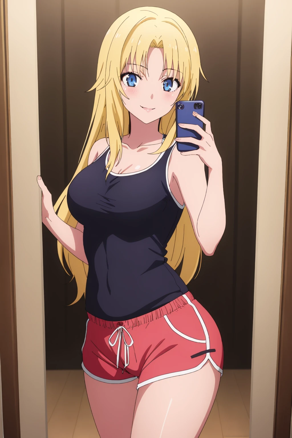 ((best quality)),((highly detailed)),masterpiece,absurdres,detailed face,beautiful face,(detailed eyes, deep eyes),1girl,((dynamic pose)) ,   <lora:Rita_V1.4:0.7>rita, long hair, blonde hair, solo, blue eyes, smile, looking at viewer,tank top, dolphin shorts, <lora:dolphin_shorts_v0.1:0.6>, <lora:MirrorSelfieLora:0.8>, anime, mirror selfie, holding phone, cowboy shot