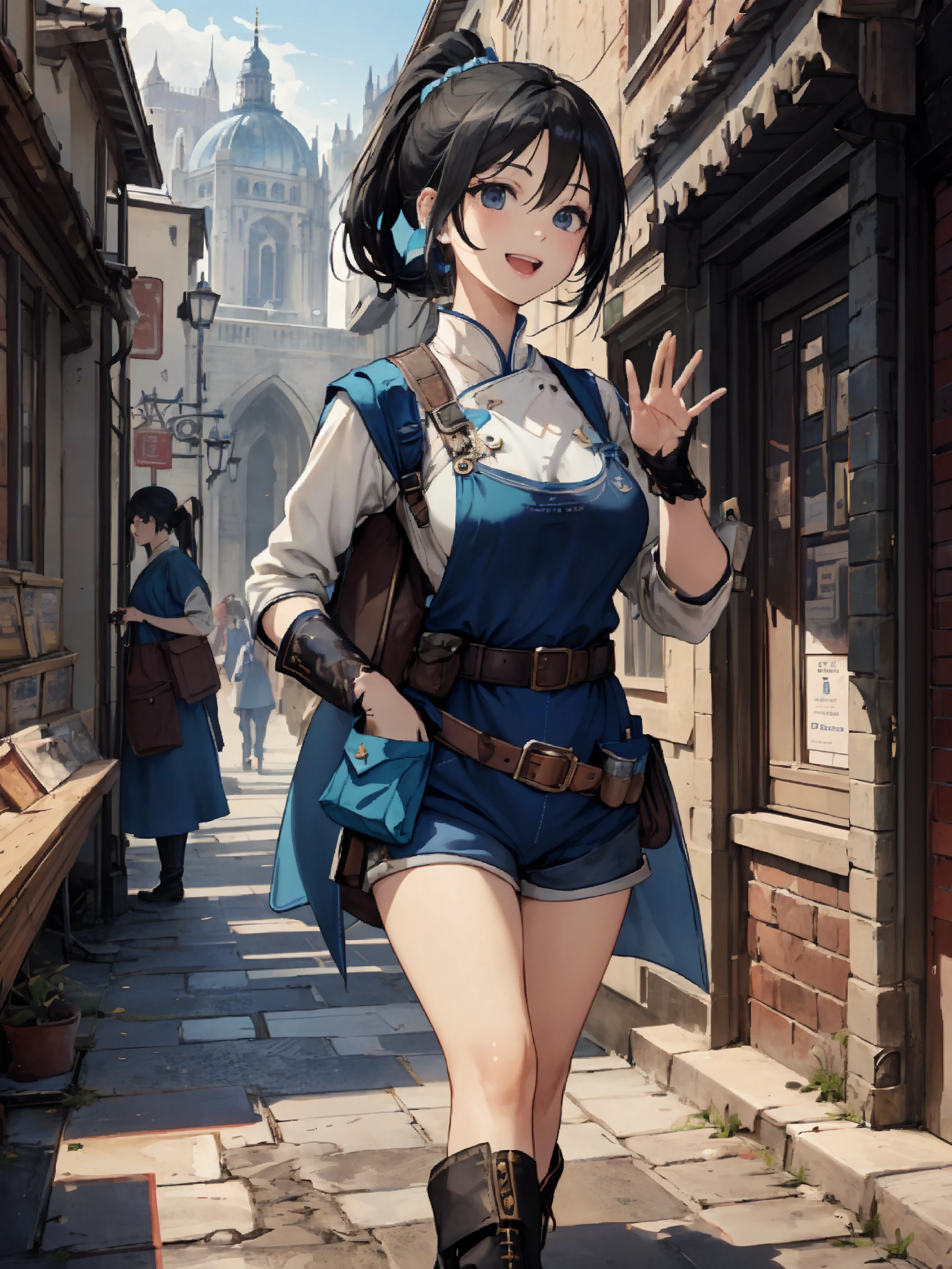 ((extremely detailed illustration)), highres, ((extremely detailed and beautiful background)), (professional illustrasion), (official art), ((Ultra-precise depiction)), ((Ultra-detailed depiction)), (beautiful:1.2 and aesthetic:1.2), beautiful detailed, intricate:1.1, nice hands, perfect hands,
(young girl), (highly detailed beautiful face and eyes, big breasts, firm breasts), oily skin, ((black hair)), ((black eyes)), ((bob with (short ponytail hair))), thin pubic hair, cute lovely, (cheerful disposition), smile, open mouth, waving, looking at viewer,
((alchemist)), (blue theme), ((Thin blue apron:1.4)), (gloves to the cuffs), ((pockets:1.1)), ((belt pouch filled:1.4)), (Salwar Kameez:1.2), (black boots:1.1), ((groin)), (short shorts:1.4),
This place is a part of the magical and adventurous city of Laufen. The cobbled streets spread out, ancient buildings line the way, portraying a vibrant and lively urban scene brimming with everyday life. The grand royal palace stands atop high towers, displaying its majestic presence. Don't forget to include the sacred cathedral, which is the object of faith for the people of Laufen. This location is a fantasy backdrop where adventurers and wizards mingle, and the radiance of magic decorates the city,