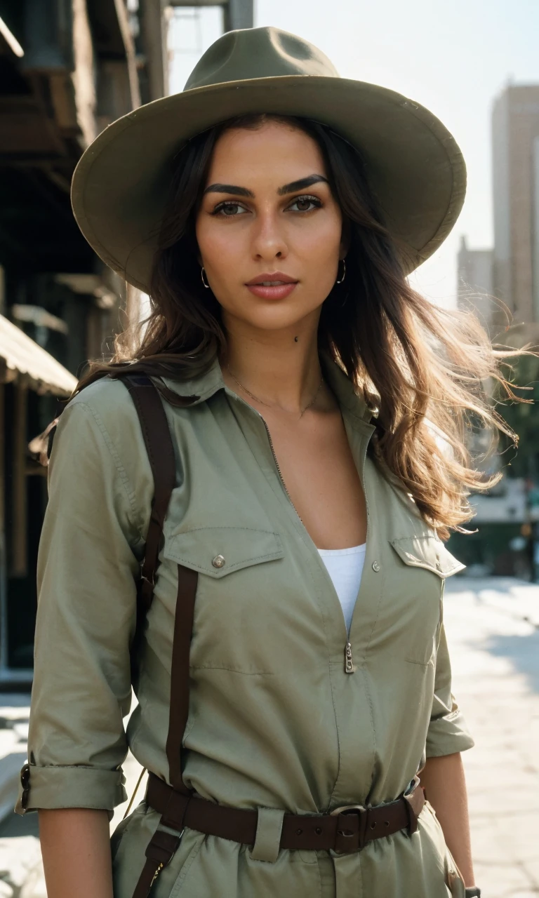 Camera shot style lee friedlander, ((upper body shot)), 1 beautiful female, a woman, wear Safari Explorer: Utility jumpsuit, hiking boots, and wide-brimmed hat., long hair fututristic, city street, enki bilal realistic